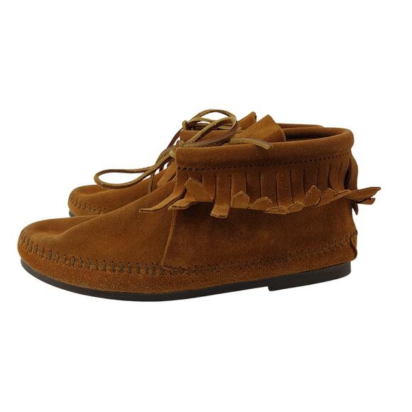 Minnetonka Cognac Bootie Fringe Suede Brown Moccasins Wm 7.5 - Picture 1 of 12